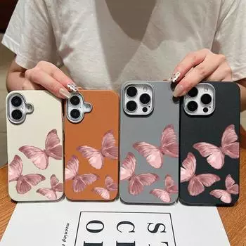 Однотонный матовый чехол с рисунком бабочки из кожи и текстурой для iPhone 16 Pro Max 15 14 Pro 13 12 11, защита линз, противоударный мягкий чехол из ТПУ для телефона iPhone 16 чёрный