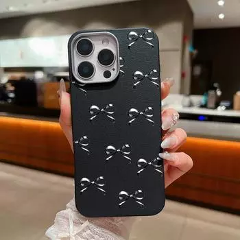 Однотонный матовый мягкий чехол для телефона с бантом для iPhone 16 Pro Max 15 Plus 14 Pro 13 12 11 тонкий чехол-бампер из кожи TPU с текстурой ударопрочный iPhone 16 чёрный