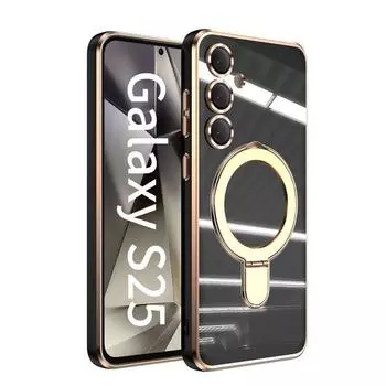 Однотонный металлический кронштейн магнитный глянцевый чехол для Samsung Galaxy S25 Ultra S24 FE защита объектива противоударное кольцо подставка для MagSafe телефон чехол Samsung S25 чёрный
