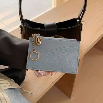 Однотонный мини-кошелек с брелоком для ключей на молнии, кошелек для монет в стиле ретро, тонкая сумка для карт для мужчин розовый