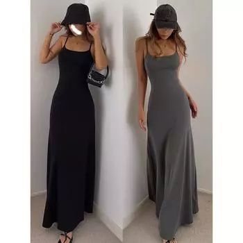 Однотонный Модный Сексуальный Сексуальный Подчеркивающий Талию А-силуэт Подол Большой Юбки Миди Длины Длинный Длины Базовая Юбка Жилет На Бретелях Макси Платье Black M