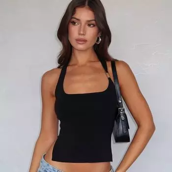 Однотонный модный топ-халтер на бретелях-спагетти, лето 2024, новый приход, сексуальный, с открытой спиной, с разрезом сбоку, короткий топ, мода Black XS