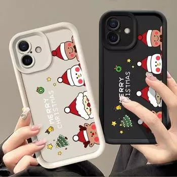 Однотонный мягкий чехол из ТПУ для iPhone 16 Pro 15 14 Plus 13 12 11 Pro Max Xs Xr 8 7 с рисунком в виде рождественского мультфильма, противоударный защитный чехол для объектива iPhone 16 чёрный