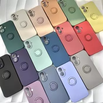 Однотонный мягкий силиконовый матовый чехол для iPhone 16 Pro 15 Pro Max 14 Plus 13 12 11 XS XR 8 7 с держателем кольца, противоударная защита объектива телефона iPhone 16 чёрный