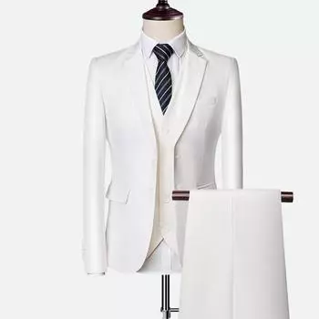 Однотонный мужской деловой повседневный костюм на весну и осень, состоящий из трех частей: куртка + жилет + брюки 4XL белый