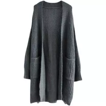 Однотонный открытый вязанный кардиган с капюшоном, повседневный свитер средней длины с длинными рукавами и карманами, женский S серый