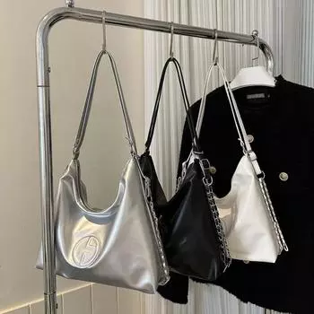 Однотонный персонализированный трендовый простой большой емкости рюкзак-тоут на одно плечо с цепочкой, сумка подмышкой серебряный