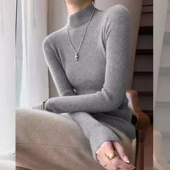 Однотонный полуводолазный свитер женский осенне-зимний новый модный тонкий и длинный рукав трикотажный низ рубашки топ One size серый