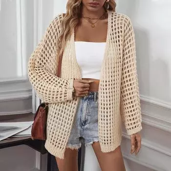 Однотонный полый свитер осень новый европейский и американский свободный свитер с длинными рукавами женское пальто S белый