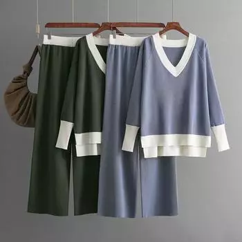 Однотонный повседневный модный трикотажный комплект для женщин с V-образным вырезом, свободным топом и высокой талией, прямые широкие брюки, комплект из 2 предметов, мягкий стильный дышащий свитер