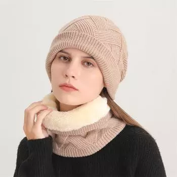 Однотонный простой и плюшевый толстый осенне-зимний шарф для женщин, теплая вязаная шапка-пуловер из двух частей, ветрозащитная шляпа без полей One Size
