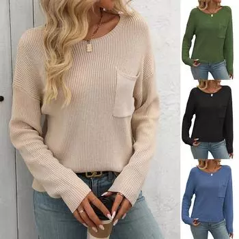 Однотонный простой свободный свитер с карманами, повседневный модный свитер с круглым вырезом и длинными рукавами для женщин S чёрный