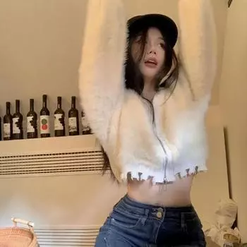 Однотонный прямой плюшевый вязаный кардиган с капюшоном, свитер, пальто, женский осенне-зимний короткий свободный кардиган на молнии, женский топ One Size абрикосовый