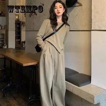 Однотонный пуловер нестандартной формы, комплект из двух предметов, женский осенне-зимний повседневный топ с длинными рукавами, широкий брючный костюм XXL коричневый