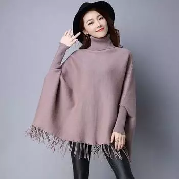 Однотонный пуловер, свитер с высоким воротом, пуловер средней длины, накидка-летучая рубашка, осенне-зимнее пальто, пуловер с длинными рукавами и рукавами для женщин One Size чёрный