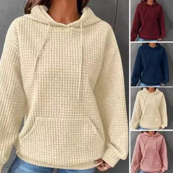 Однотонный пуловер, толстовка с вафельной текстурой, свободная посадка, толстовка с капюшоном и завязками, длинными рукавами, карманами M синий