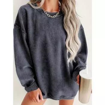 Однотонный пуловер в рубчик, повседневный свитшот с круглым вырезом с длинными рукавами на осень и зиму, женская одежда S хаки