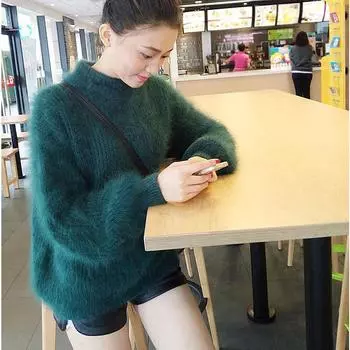 Однотонный японский свитер, женский пуловер, новинка 2022, короткий свитер из норковой шерсти на осень и зиму, свитер с круглым вырезом и длинными рукавами, женский пуловер One Size зелёный