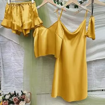 Однотонный сексуальный легкий пижамный комплект для женщин, дышащий, мягкий, удобный, стильный пижамный комплект для женщин, искусственный шелк, шорты, платье, 3 предмета, одежда для сна S