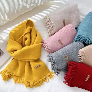 Однотонный шарф с бахромой для женщин, зимний, теплый, вязаный, для защиты шеи, небольшой шарф для пары и студента 20*170cm