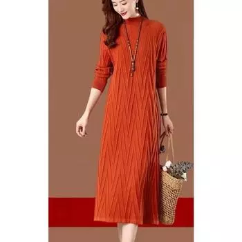 Однотонный шерстяной свитер осень-зима платье женское большого размера средней длины выше колена трикотажное платье One Size оранжевый