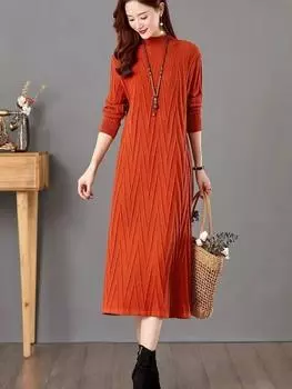Однотонный шерстяной свитер осень-зима платье женское большого размера средней длины выше колена трикотажное платье One Size оранжевый