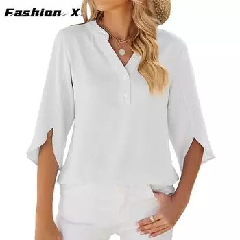 Однотонный шифоновый топ с v-образным вырезом и средними рукавами, женская шифоновая рубашка S белый