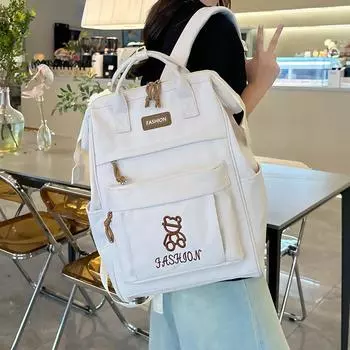 Однотонный школьный рюкзак для студентов с вышивкой для женщин, большой емкости, легкий рюкзак для девочек бежевый