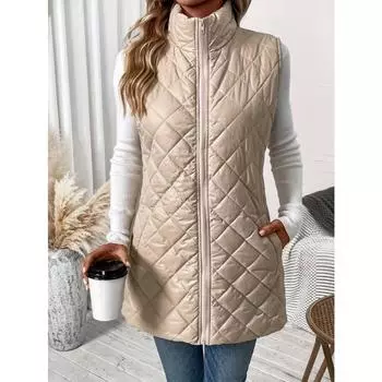 Однотонный стеганый жилет с косыми карманами, универсальная теплая зимняя верхняя одежда без рукавов, женская одежда S абрикосовый