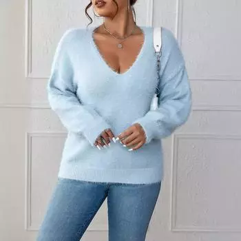 Однотонный стильный повседневный вязаный свитер для женщин с V-образным вырезом и длинным рукавом, свободный простой вязаный топ, элегантный мягкий удобный пуловер, плюс трикотаж S