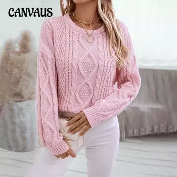 Однотонный свитер большого размера для женщин, осенне-зимний свитер с круглым вырезом, винтажный витой свитер с вышивкой S розовый