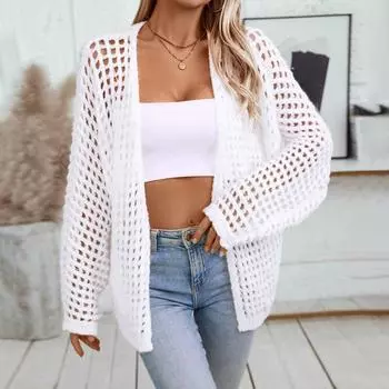 Однотонный свитер кардиган осень и зима свободный полый свитер толстый вязаный свитер для женщин S белый
