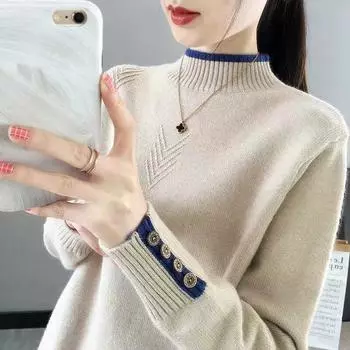 Однотонный свитер, пуловер, трикотаж, осенне-зимняя женская свободная верхняя одежда, джемпершорт, полуводолазка, свитер с длинными рукавами S хаки