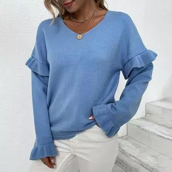 Однотонный свитер с V-образным вырезом и рукавами-лепестками для женщин на осень и зиму, новый европейский и американский свитер для женщин S розовый