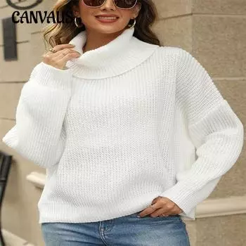 Однотонный свитер с высоким воротом, женский, больших размеров, осень и зима, свободный вязаный свитер, свитер-пуловер S белый