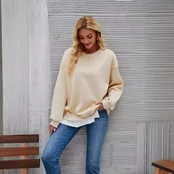 Однотонный свободный свитшот, осенне-зимний уличный стиль, однотонный пуловер, свитшот для женщин S бежевый
