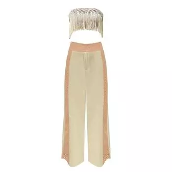 Однотонный топ-бандо с кисточками на бретелях, женский сексуальный костюм-двойка для пляжного отдыха на море, 2025, брюки с высокой талией и широкими штанинами и короткий топ-бандо S