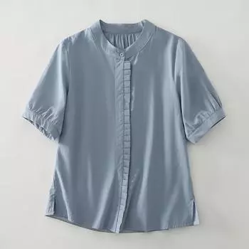 Однотонный топ из хлопка и льна с круглым вырезом и короткими рукавами, женская летняя новая рубашка свободного покроя с деревянными ушками, большой размер M синий