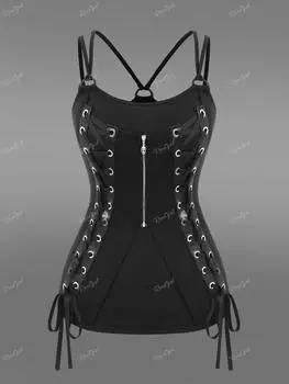Однотонный топ на бретельках Rosegal в готическом стиле из искусственной кожи со шнуровкой и застежкой-молнией с V-образным вырезом и ремешками 2XL чёрный
