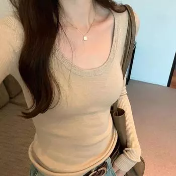 Однотонный топ с длинным рукавом и U-образным вырезом для женщин на осень и зиму, новый корейский нежный темперамент, плюс бархатная утягивающая подкладка с базовой рубашкой S
