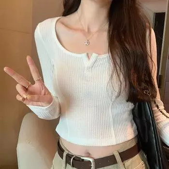 Однотонный топ с глубоким вырезом и длинными рукавами, французский жакет Fishbone для женщин, осень, новая утягивающая рубашка с высокой талией и внутренним слоем S