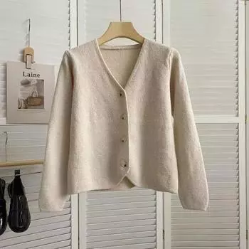 Однотонный трикотажный кардиган с V-образным вырезом, женский, новый, осенне-зимний, повседневный, универсальный, однобортный, с длинными рукавами, короткий топ S/80-95 абрикосовый