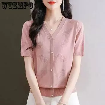 Однотонный трикотажный летний топ для мам, новая тонкая трикотажная футболка с короткими рукавами из ледяного шелка, стильная маленькая рубашка S чёрный