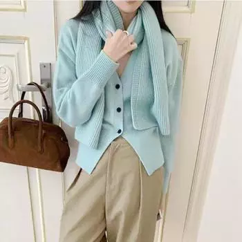 Однотонный трикотажный женский кардиган с шейным платком, корейский однобортный джемпер с длинным рукавом, женский кардиган с V-образным вырезом, верхняя одежда One Size