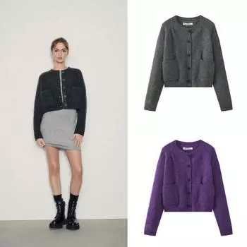 Однотонный трикотажный женский кардиган в корейском стиле с длинным рукавом, однобортный женский джемпер с круглым вырезом, универсальный кардиган, короткое пальто S темно серый