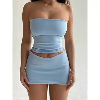Однотонный укороченный топ без рукавов со складками, юбки, комплект из 2 предметов, летняя модная уличная пляжная одежда, Прямая доставка S синий