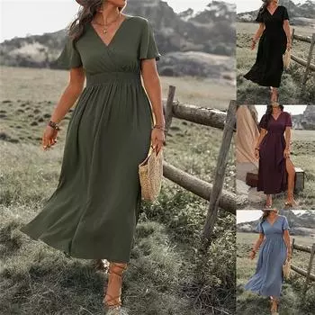 Однотонный V-образный вырез, расклешенные рукава, эластичный пояс, тонкая юбка с разрезом 4XL чёрный