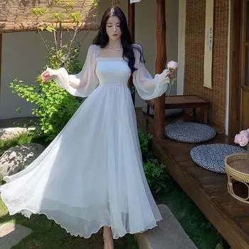 Однотонный воротник, талия с длинными рукавами, платье-топ, юбка феи, пляжное платье Super Fairy Seaside Vacation XL белый