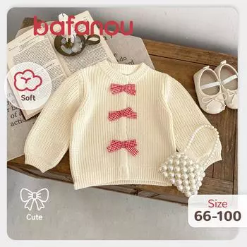 Однотонный вязаный кардиган для маленьких девочек, вязаное пальто с бантом и пуговицами, мягкая хлопковая куртка для маленьких девочек bafanou 83270 80cm(12-18M) бежевый