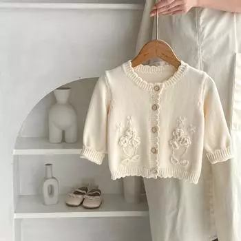 Однотонный вязаный кардиган для малышей, свитера с длинными рукавами для новорожденных девочек, повседневное трикотажное пальто с цветочным узором bafanou 83392 66cm(3-6M) бежевый